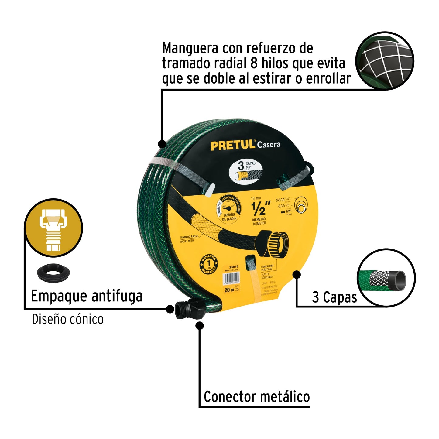 Manguera 1/2' reforzada 3 capas 20m conexiones plást, Pretul | MAN-20X1/2PR | 25018