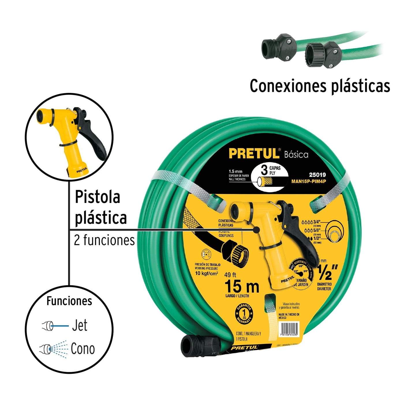 Combo manguera MAN-15X1/2P y pistola de riego PIM-4P, PRETUL | MAN15P-PIM4P | 25019