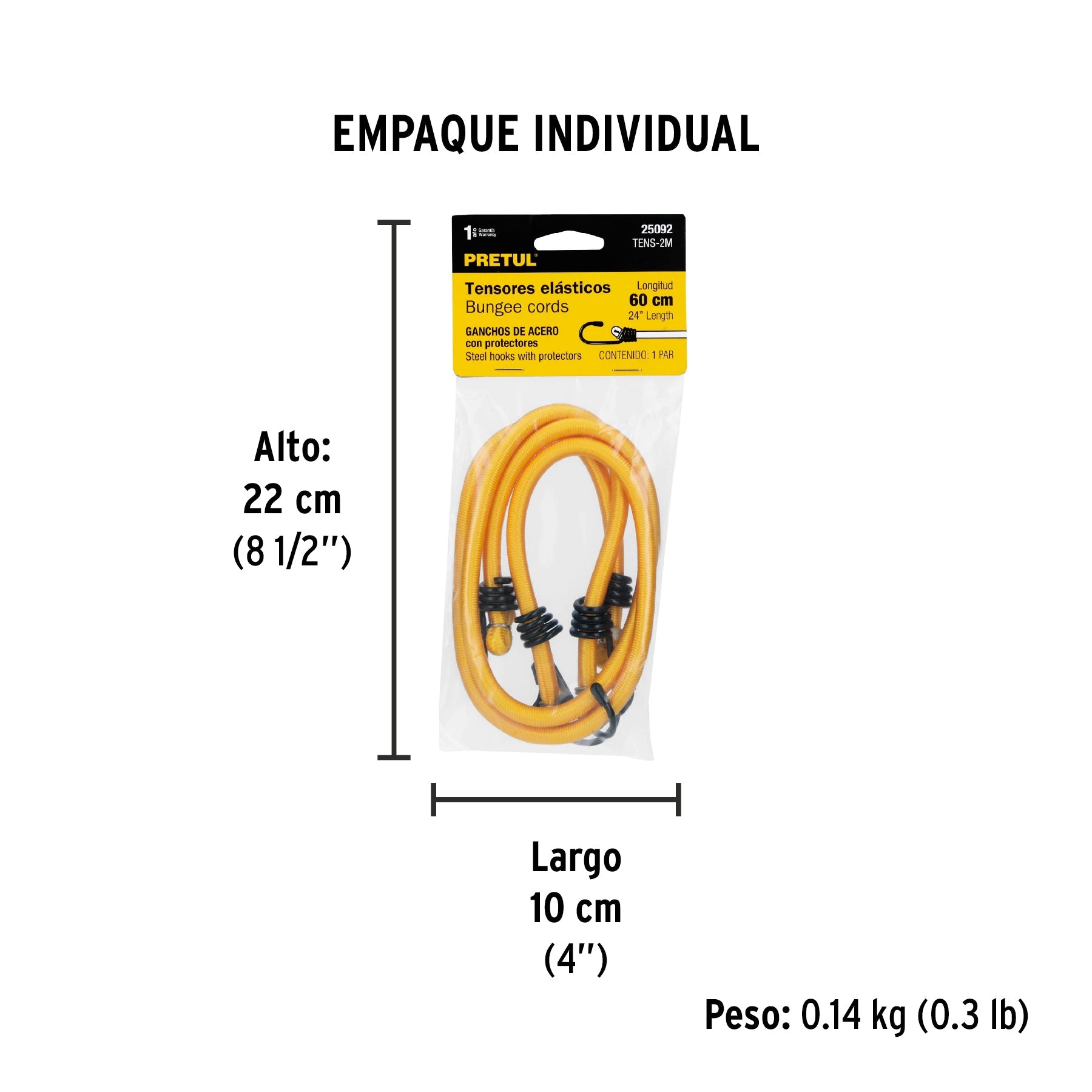 Bolsa con 2 tensores elásticos amarillos de 60 cm, Pretul | TENS-2M | 25092
