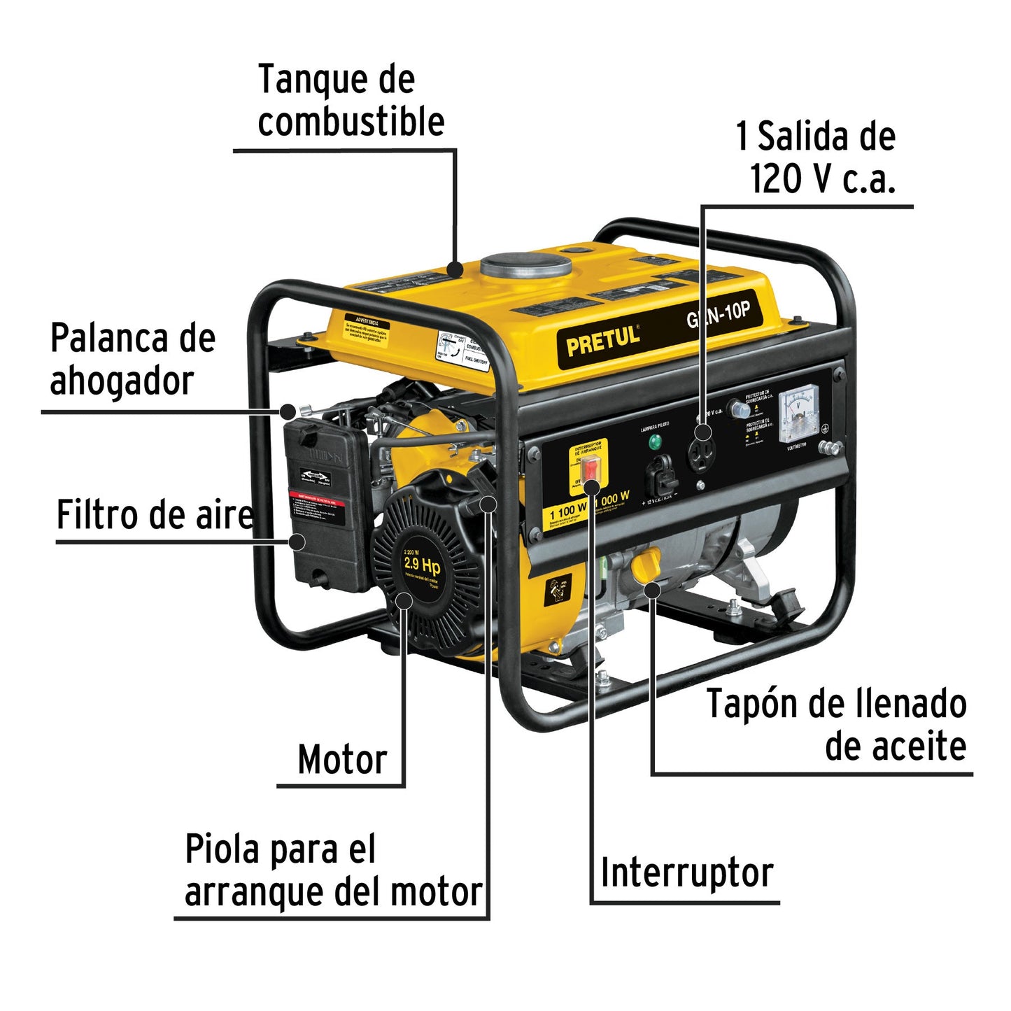 Generador portátil 1 kW motor a gasolina, PRETUL | GEN-10P | 26033