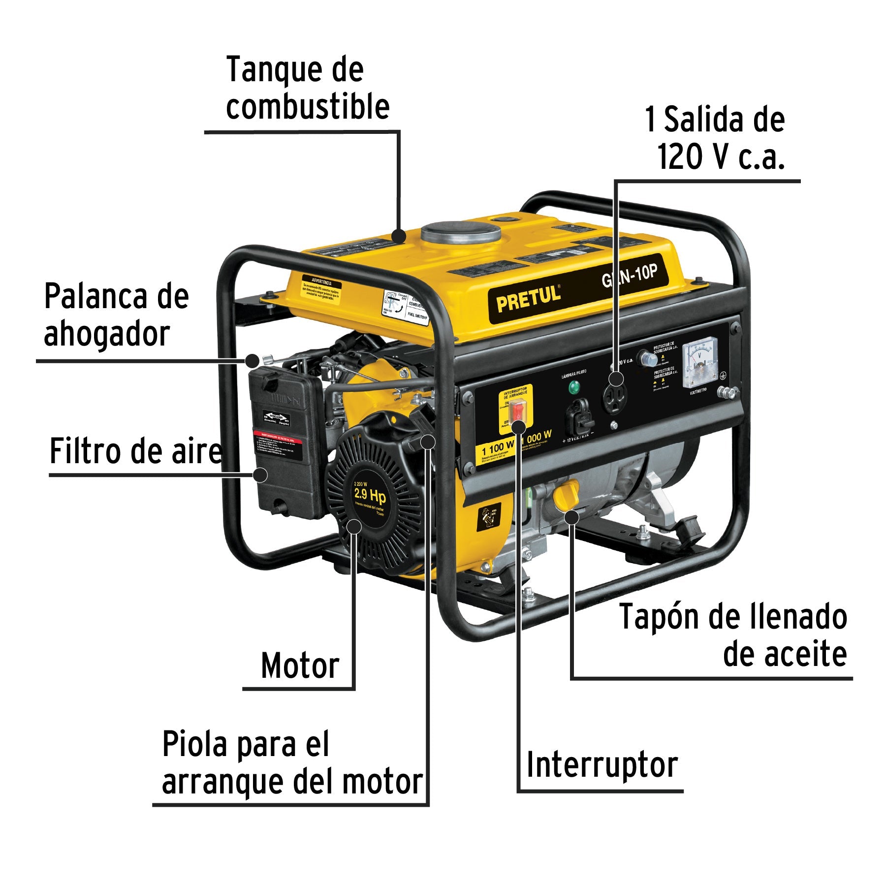 Generador portátil 1 kW motor a gasolina, PRETUL | GEN-10P | 26033