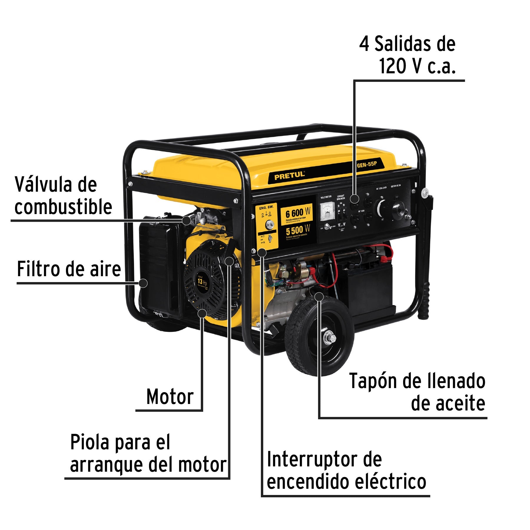 Generador portátil 5.5 kW motor a gasolina, PRETUL | GEN-55P | 26035
