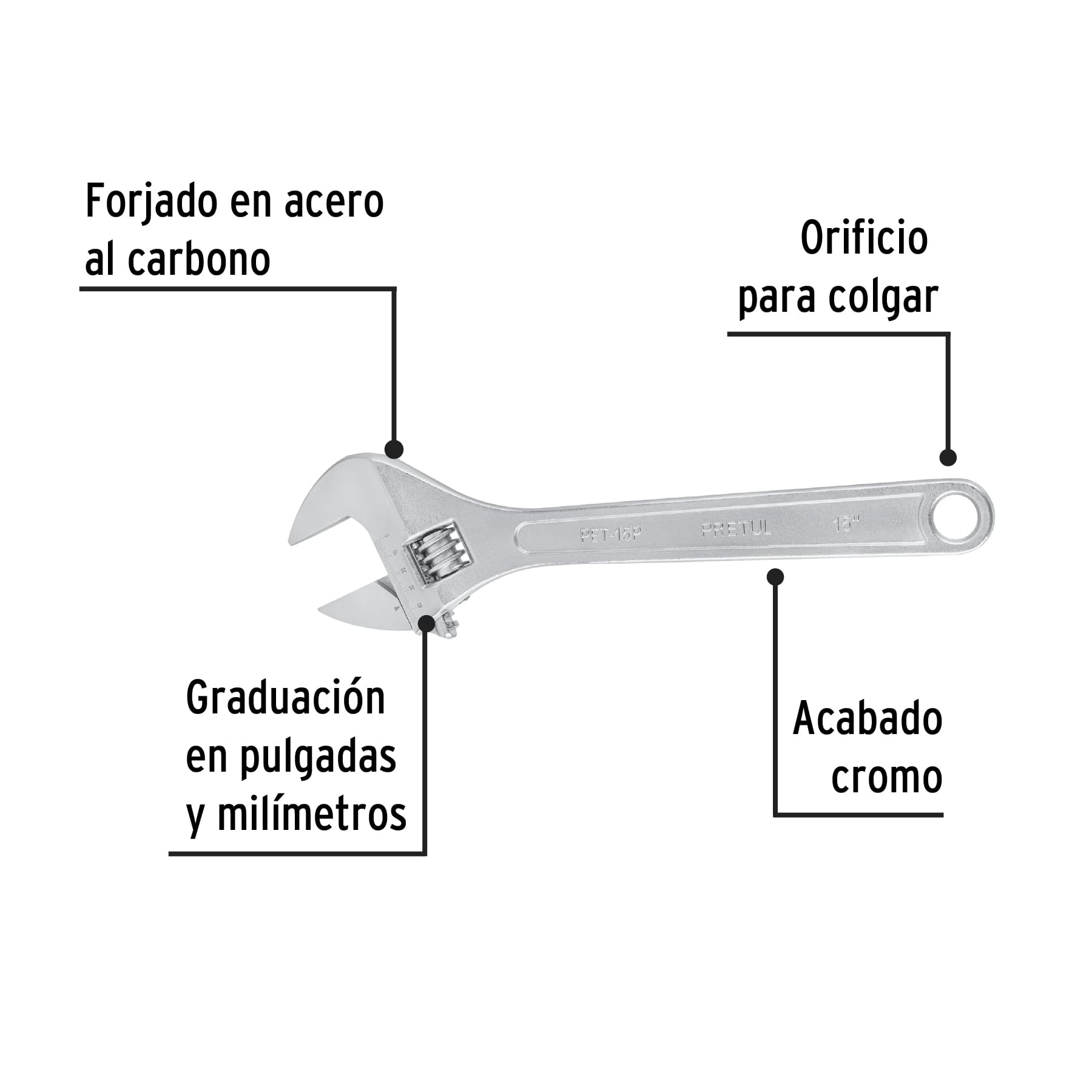 Llave ajustable (perico) 15' cromada, Pretul | PET-15P | 26054