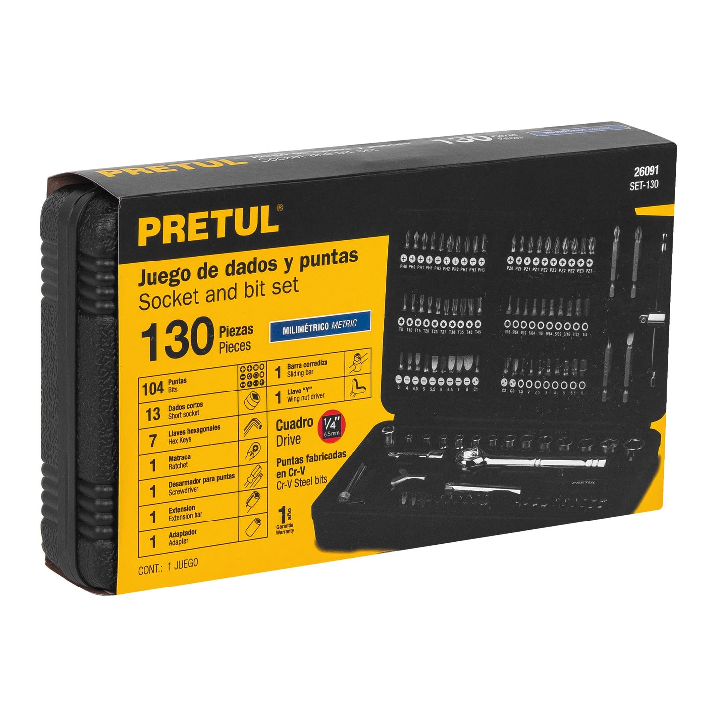 Juego de 130 herramientas 1/4' para mecánico, Pretul | SET-130 | 26091