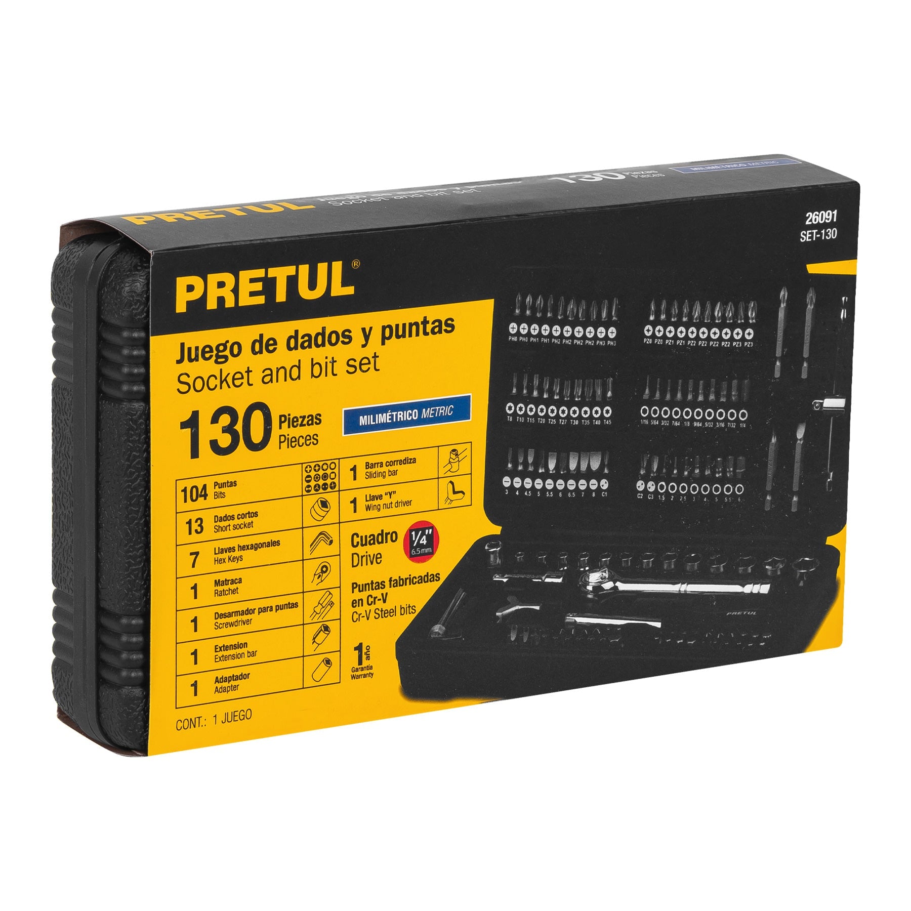 Juego de 130 herramientas 1/4' para mecánico, Pretul | SET-130 | 26091
