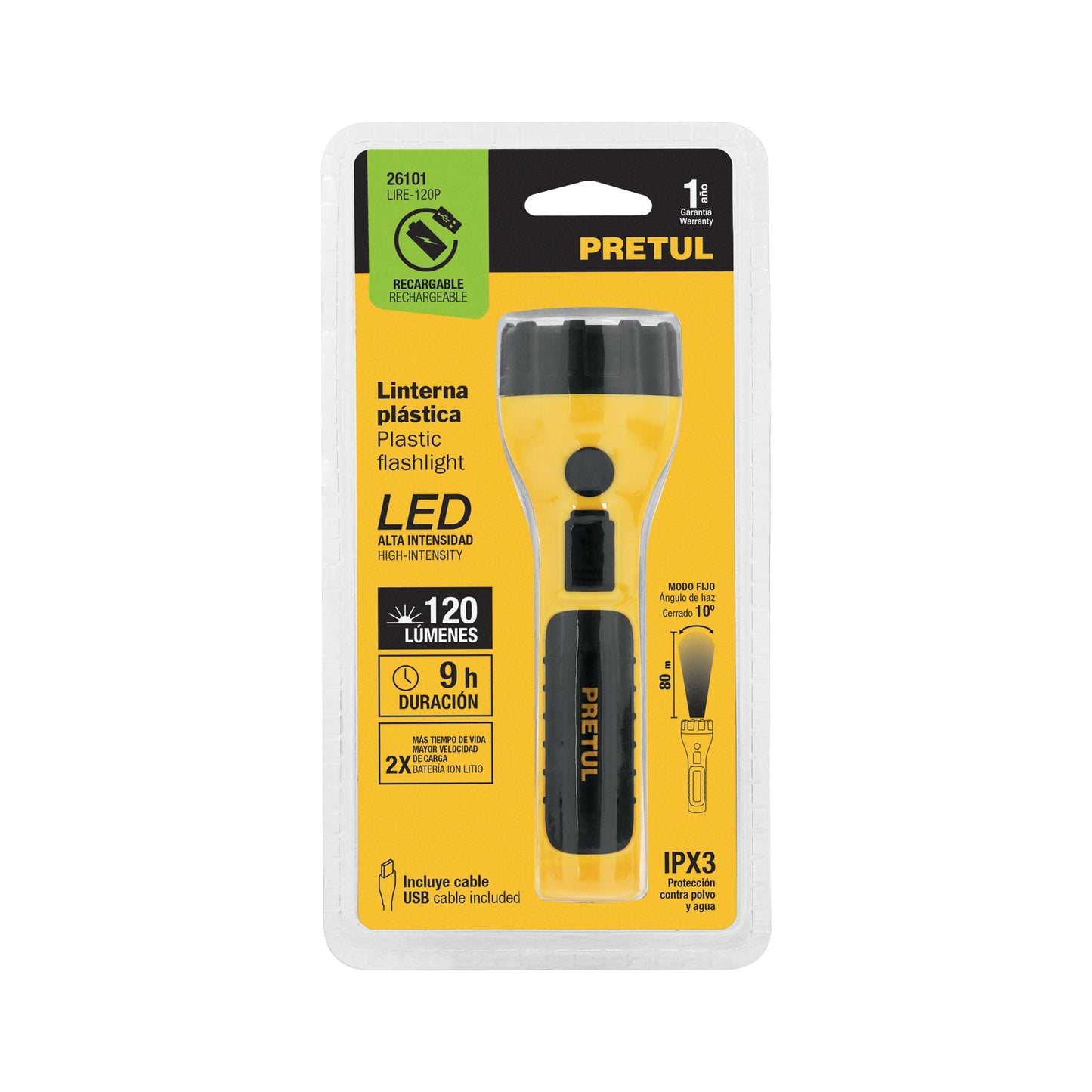 Linterna plástica de LED, 120 lm, recargable, PRETUL | LIRE-120P | 26101