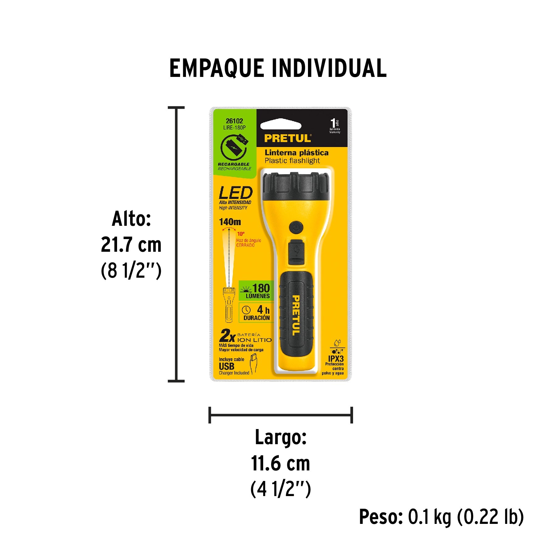 Linterna plástica de LED, 180 lm, recargable, PRETUL | LIRE-180P | 26102