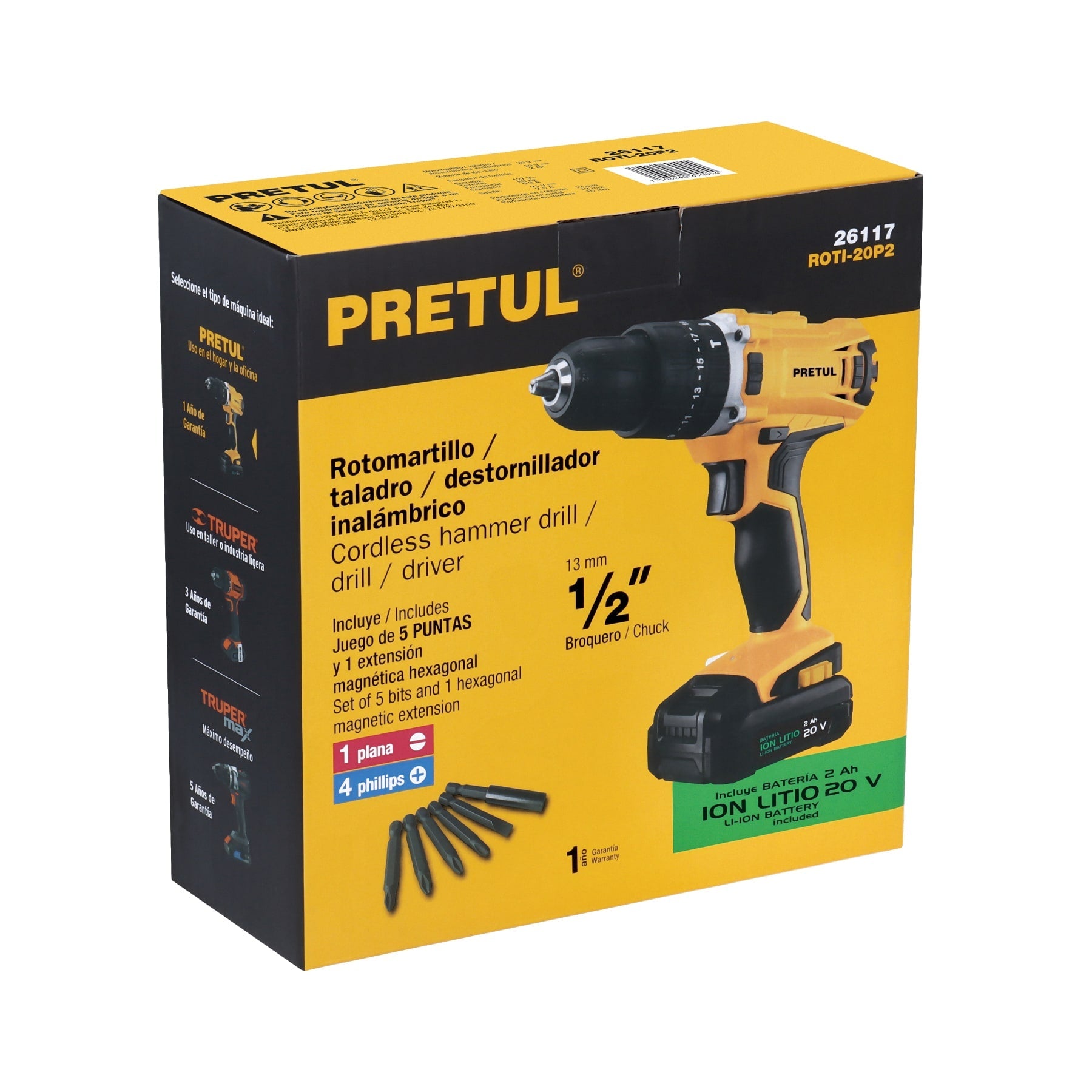 Rotomartillo 1/2', 20V, 1 batería 2Ah, PRETUL | ROTI-20P2 | 26117