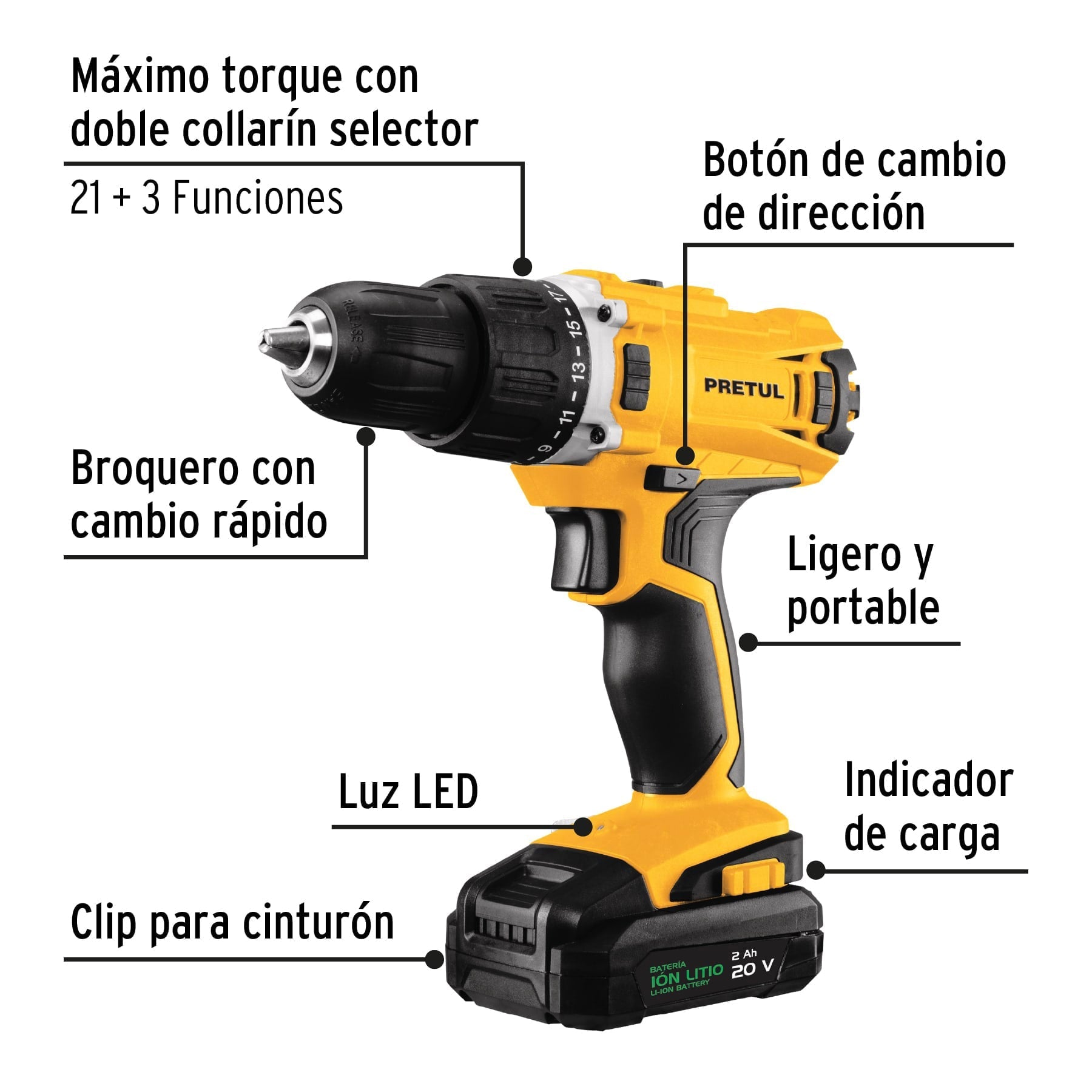 Taladro 1/2', 20V, 1 batería 2Ah, PRETUL | TALI-20P2 | 26118