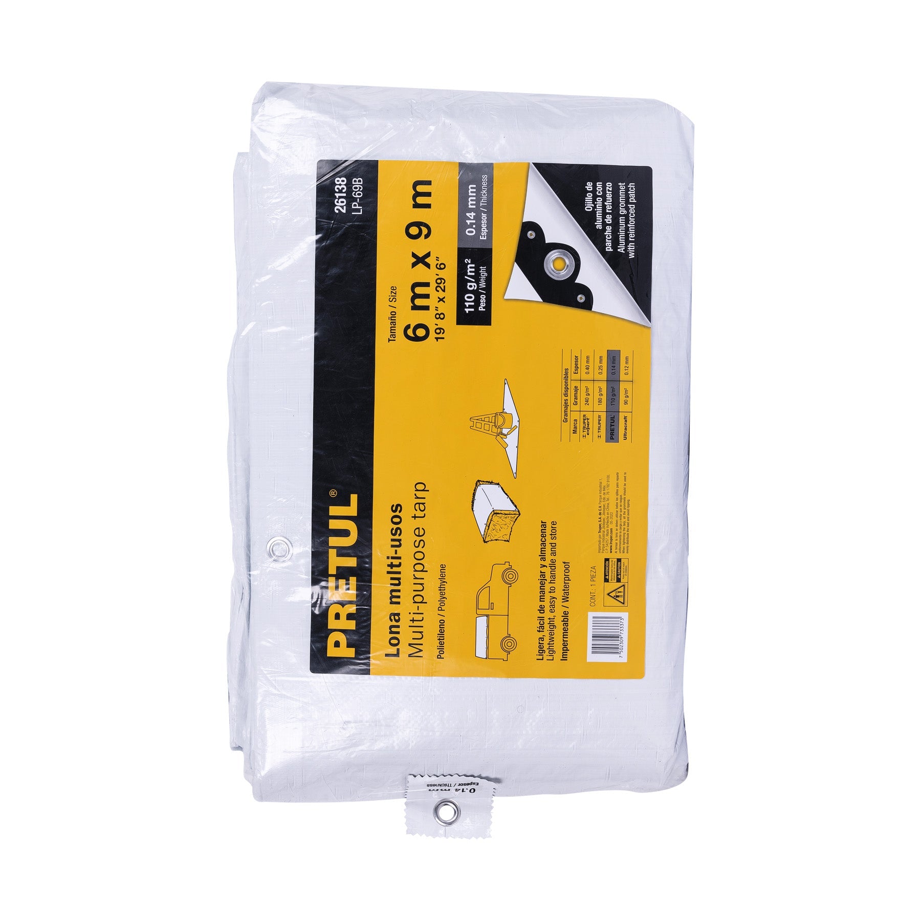 Lona de polietileno 6 x 9 m, blanca, 110 g/m2, PRETUL | LP-69B | 26138