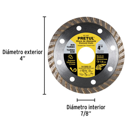 Disco de diamante de 4' x 1.2 mm, rin turbo, PRETUL | DID-240P | 27016