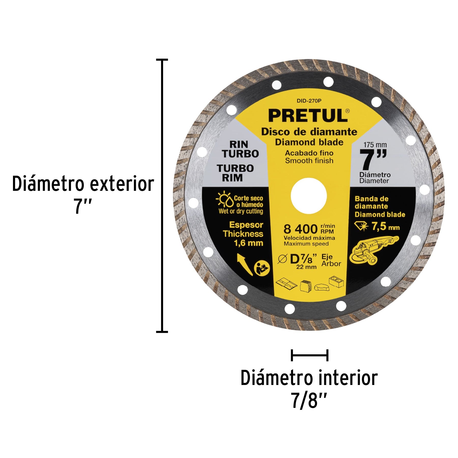 Disco de diamante de 7' x 1.6 mm, rin turbo, PRETUL | DID-270P | 27018