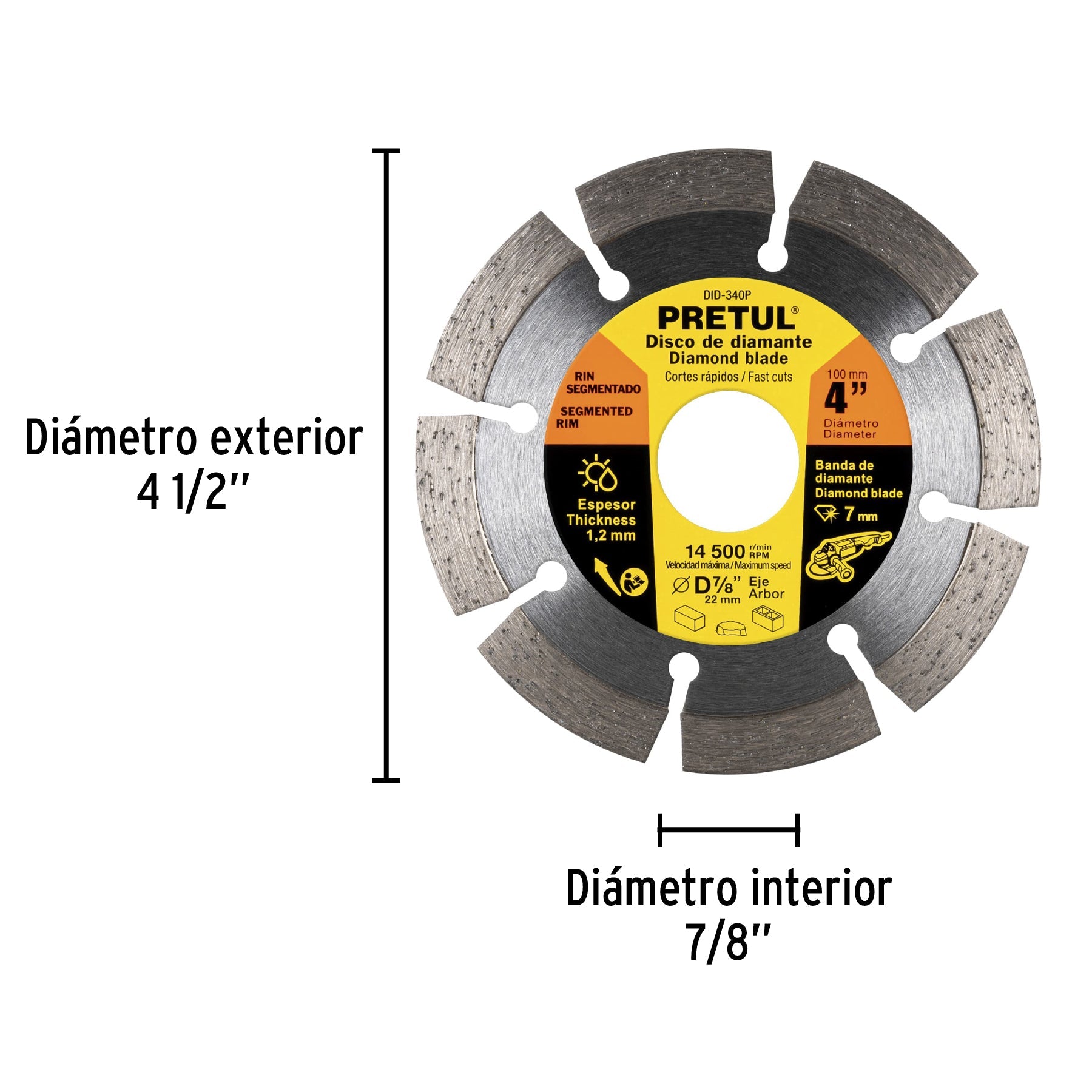 Disco de diamante de 4' x 1.2 mm rin segmentado, PRETUL | DID-340P | 27031