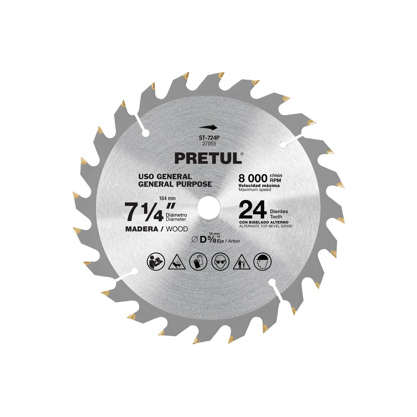 Disco sierra 7-1/4' p/madera, 24 dientes centro 5/8', Pretul | ST-724P | 27055