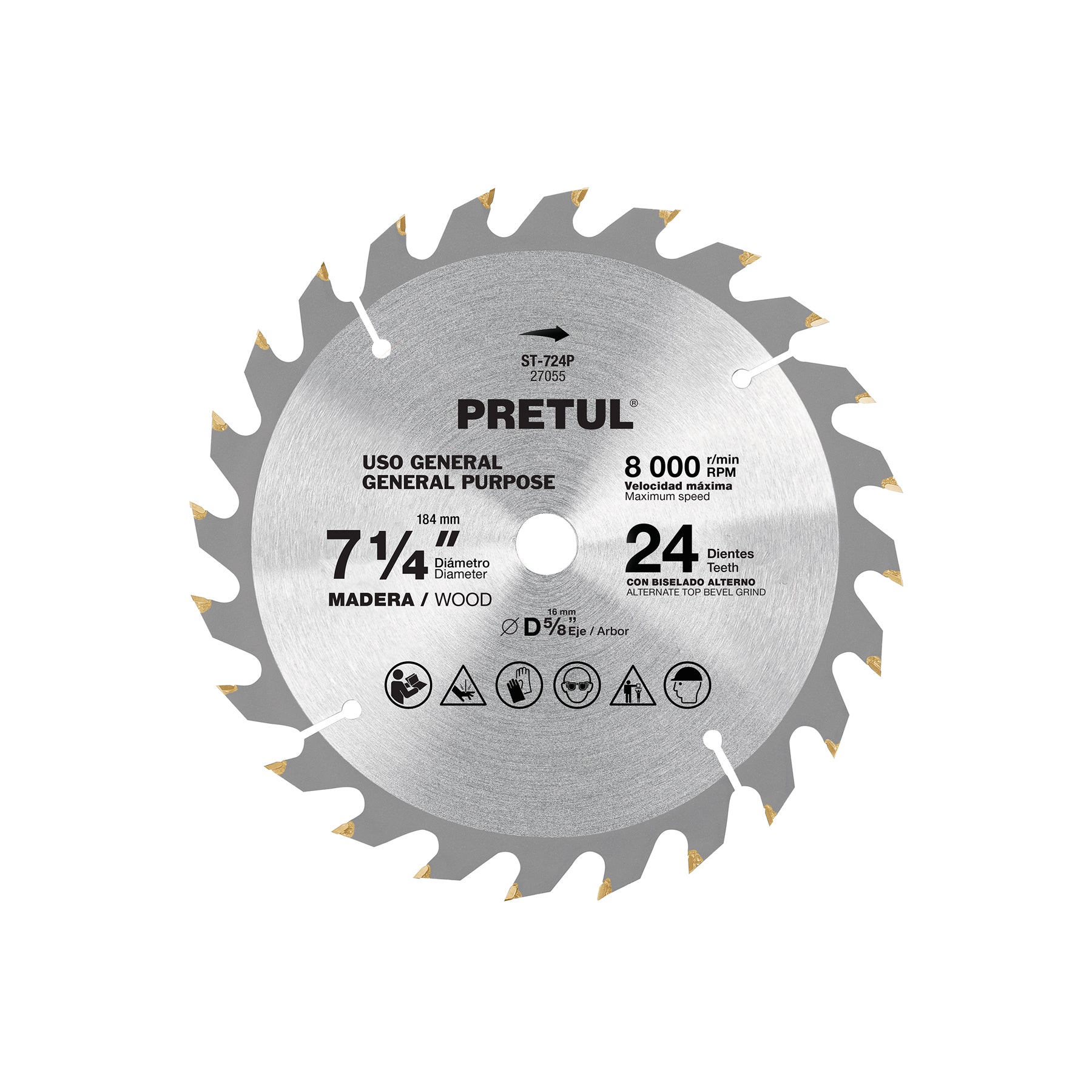 Disco sierra 7-1/4' p/madera, 24 dientes centro 5/8', Pretul | ST-724P | 27055