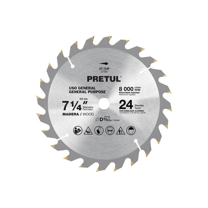 Disco sierra 7-1/4' p/madera, 24 dientes centro 5/8', Pretul | ST-724P | 27055