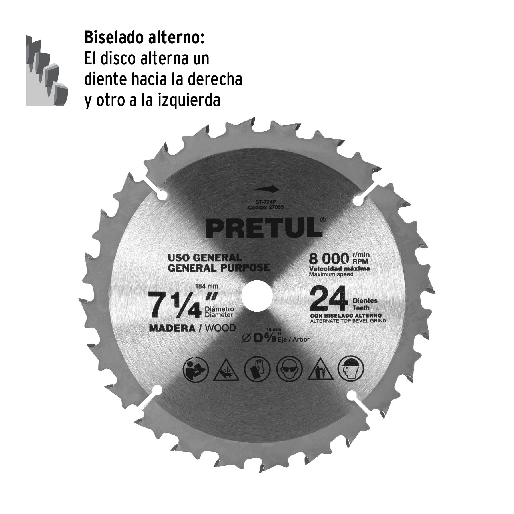 Disco sierra 7-1/4' p/madera, 24 dientes centro 5/8', Pretul | ST-724P | 27055