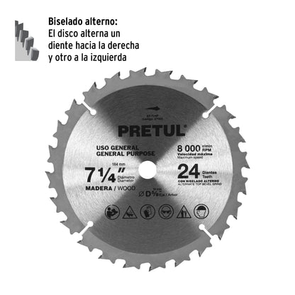 Disco sierra 7-1/4' p/madera, 24 dientes centro 5/8', Pretul | ST-724P | 27055