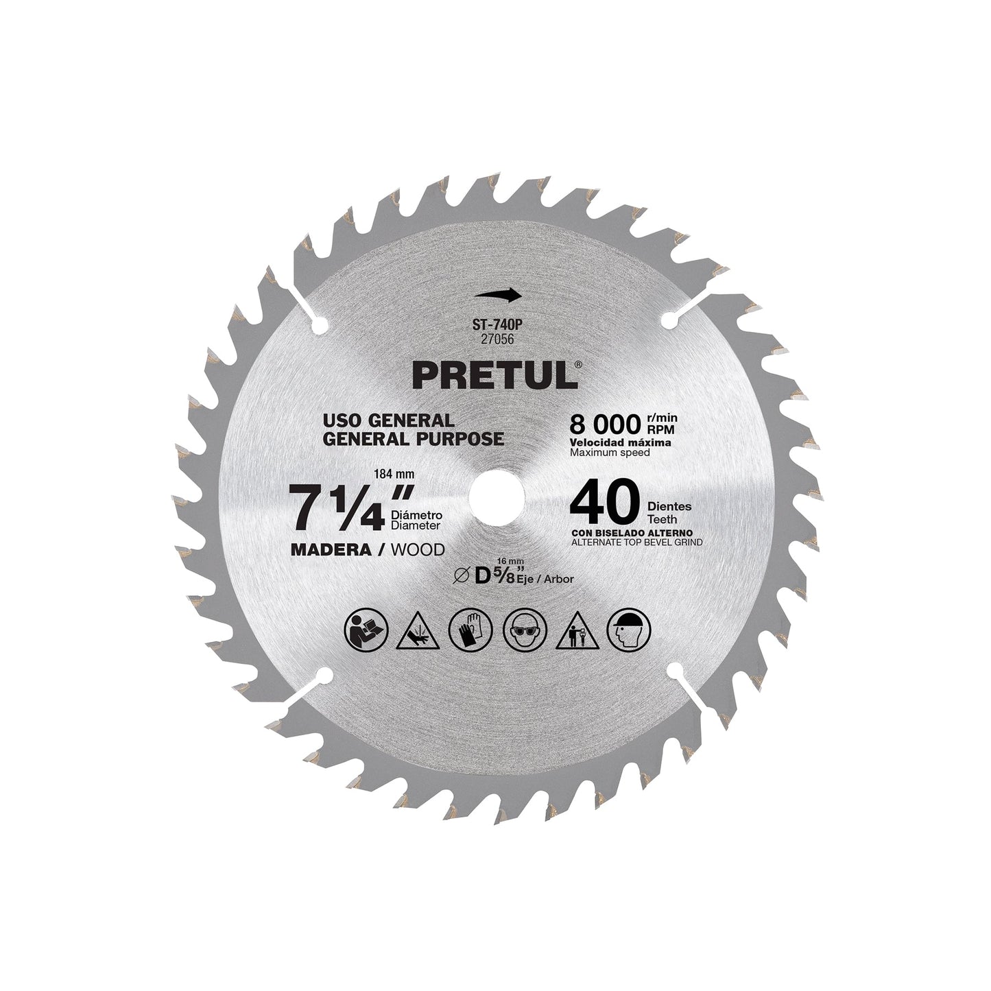 Disco sierra 7-1/4' p/madera, 40 dientes centro 5/8', Pretul | ST-740P | 27056