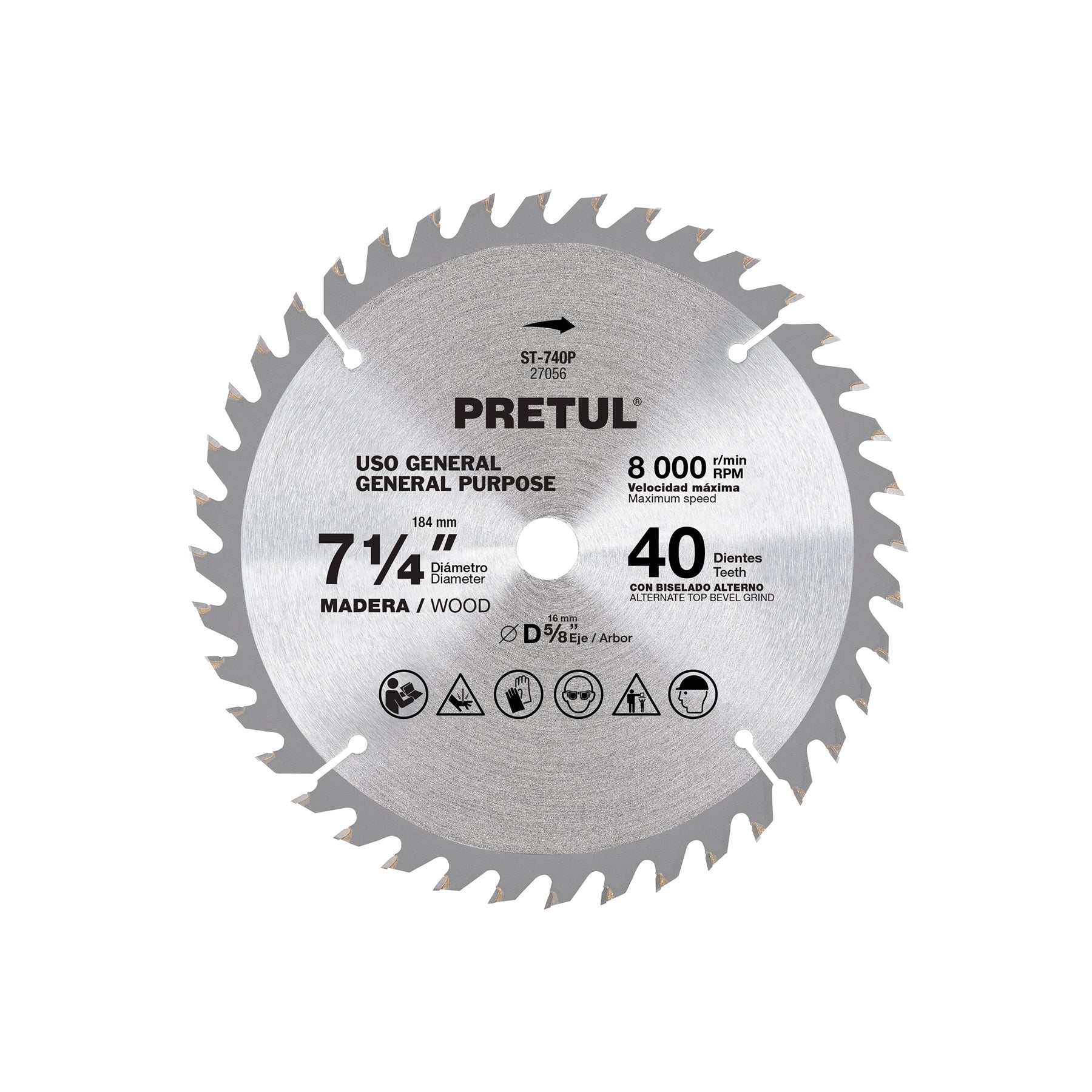 Disco sierra 7-1/4' p/madera, 40 dientes centro 5/8', Pretul | ST-740P | 27056