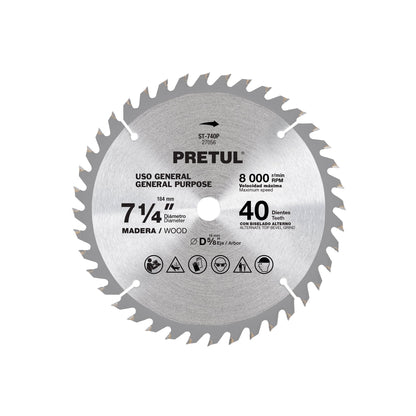 Disco sierra 7-1/4' p/madera, 40 dientes centro 5/8', Pretul | ST-740P | 27056