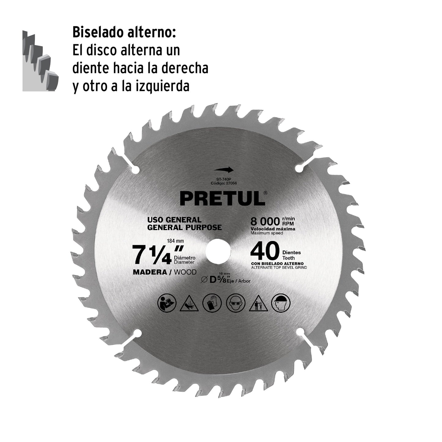 Disco sierra 7-1/4' p/madera, 40 dientes centro 5/8', Pretul | ST-740P | 27056
