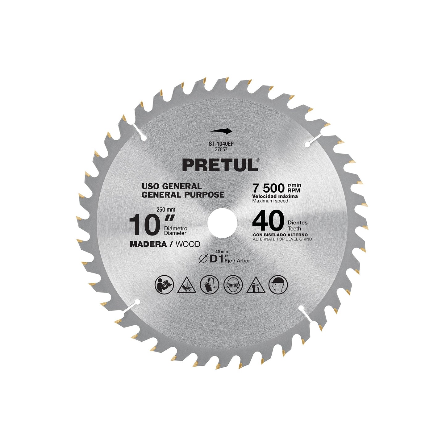 Disco sierra 10' para madera, 40 dientes centro 1', Pretul | ST-1040EP | 27057