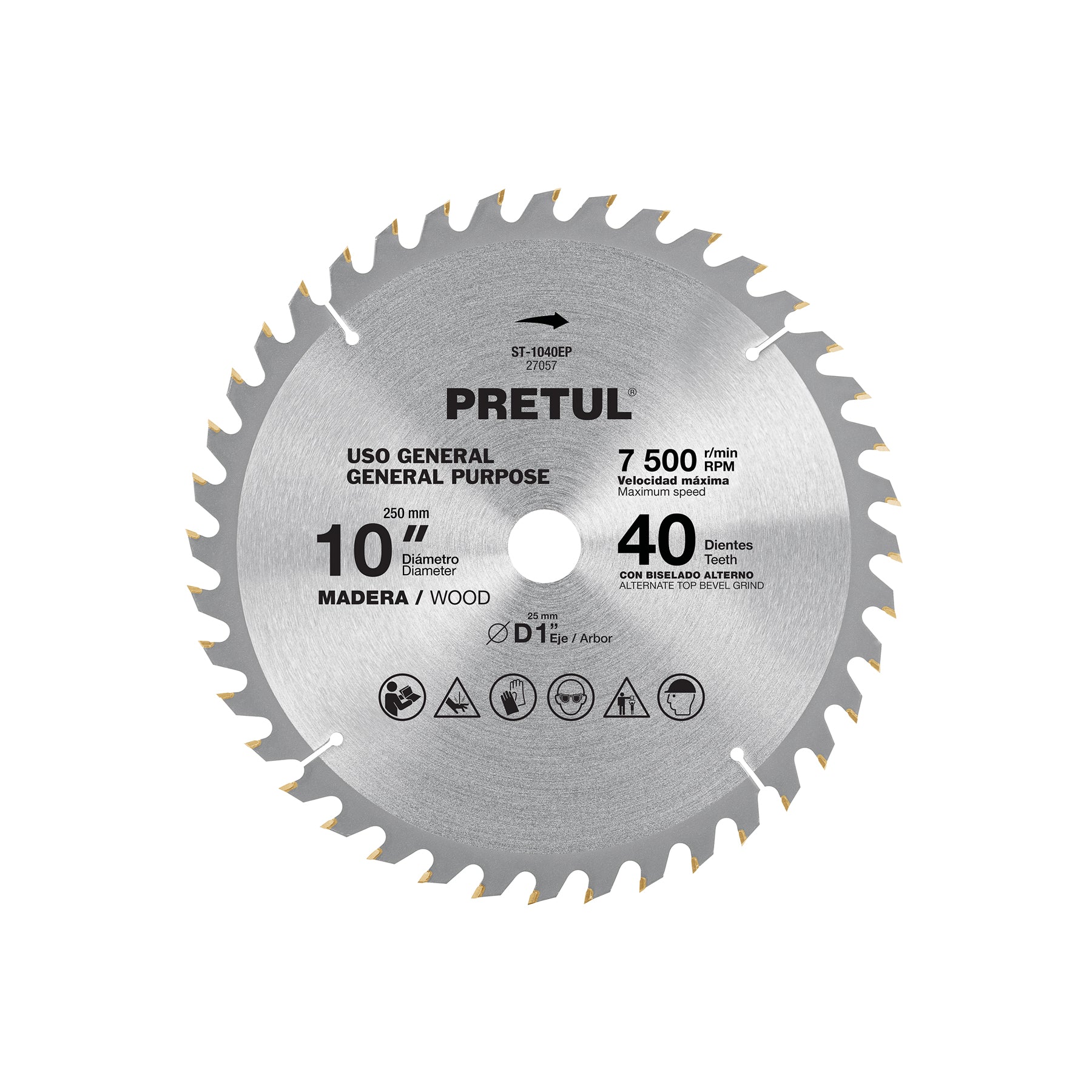 Disco sierra 10' para madera, 40 dientes centro 1', Pretul | ST-1040EP | 27057