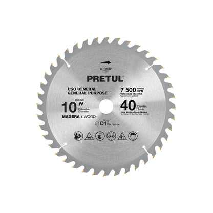 Disco sierra 10' para madera, 40 dientes centro 1', Pretul | ST-1040EP | 27057