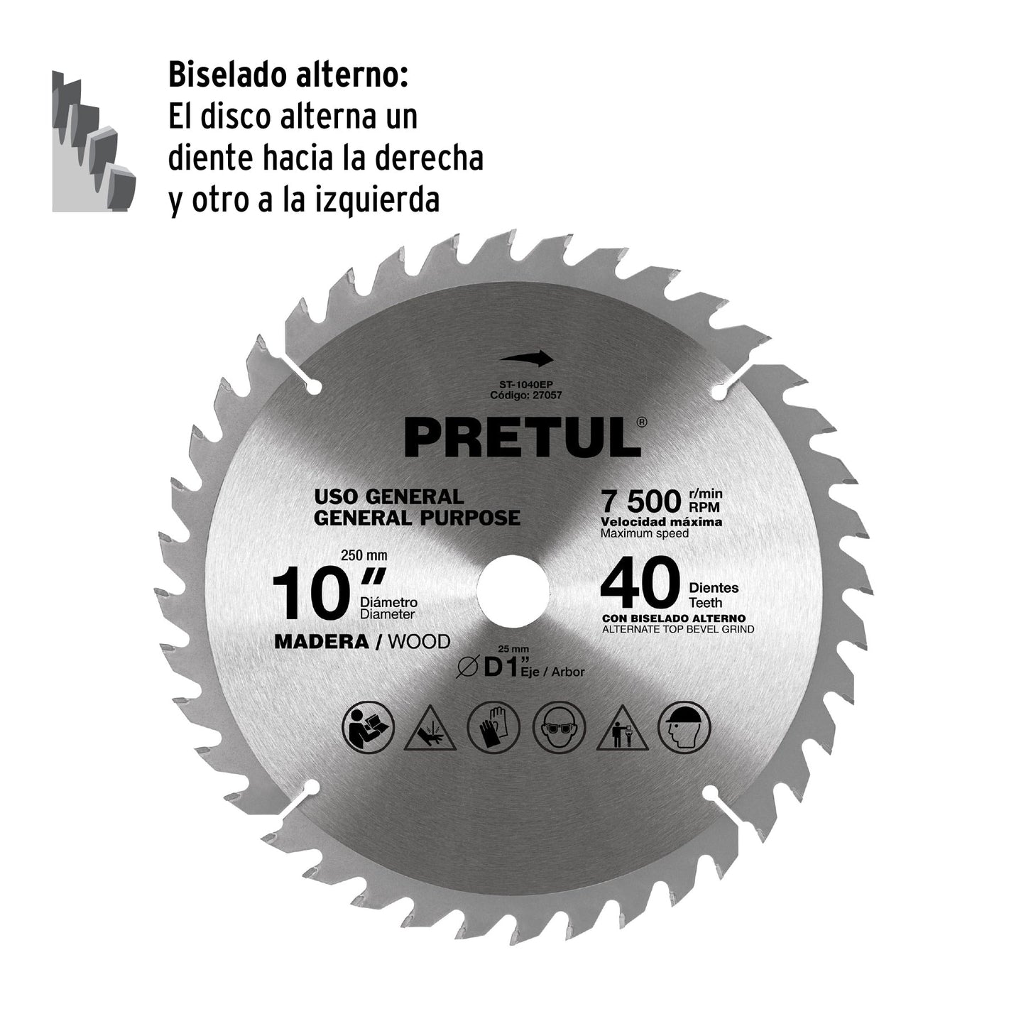 Disco sierra 10' para madera, 40 dientes centro 1', Pretul | ST-1040EP | 27057