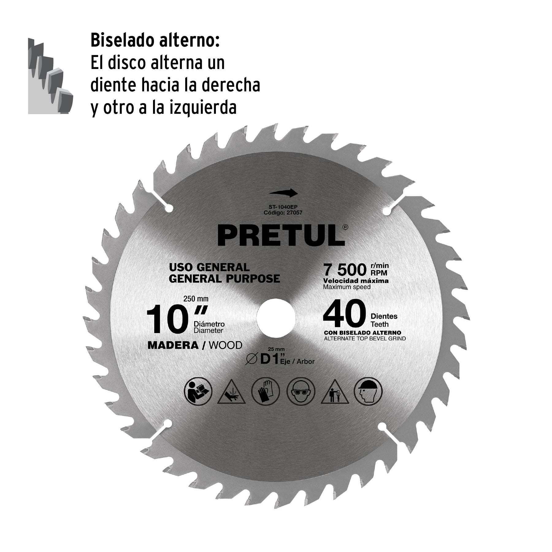 Disco sierra 10' para madera, 40 dientes centro 1', Pretul | ST-1040EP | 27057
