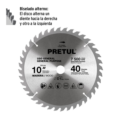 Disco sierra 10' para madera, 40 dientes centro 1', Pretul | ST-1040EP | 27057