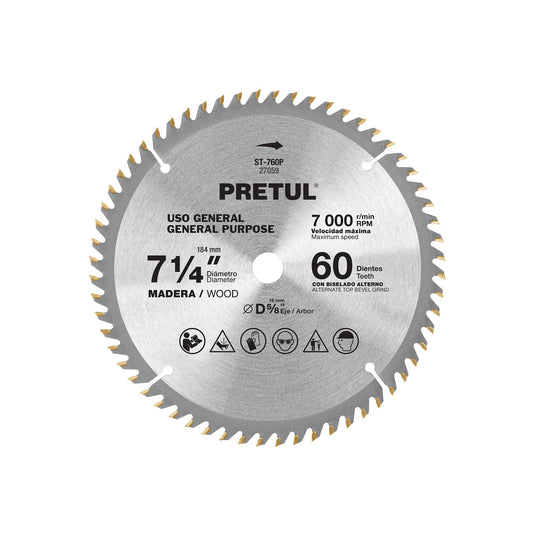 Disco sierra 7-1/4' p/madera, 60 dientes centro 5/8', Pretul | ST-760P | 27059