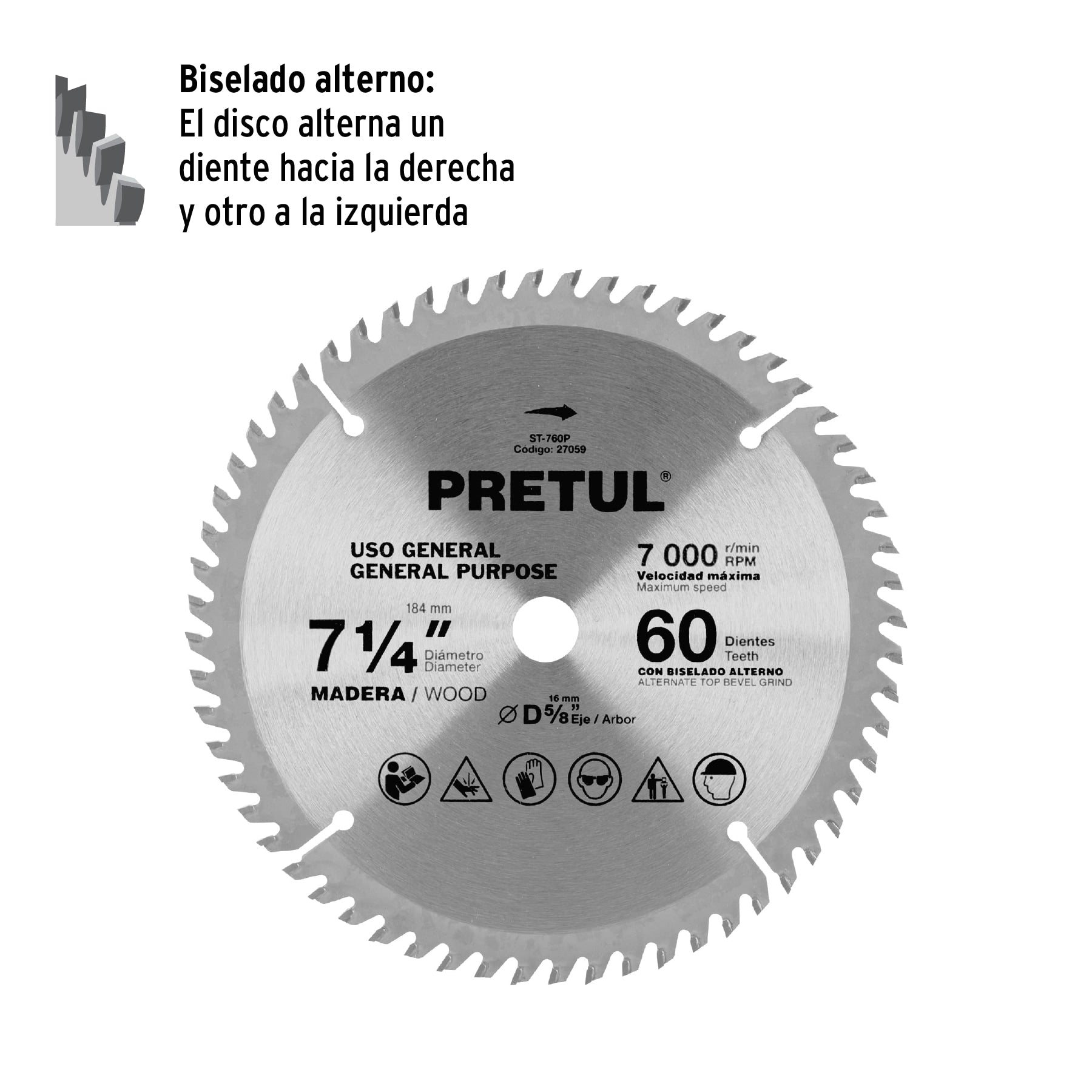 Disco sierra 7-1/4' p/madera, 60 dientes centro 5/8', Pretul | ST-760P | 27059