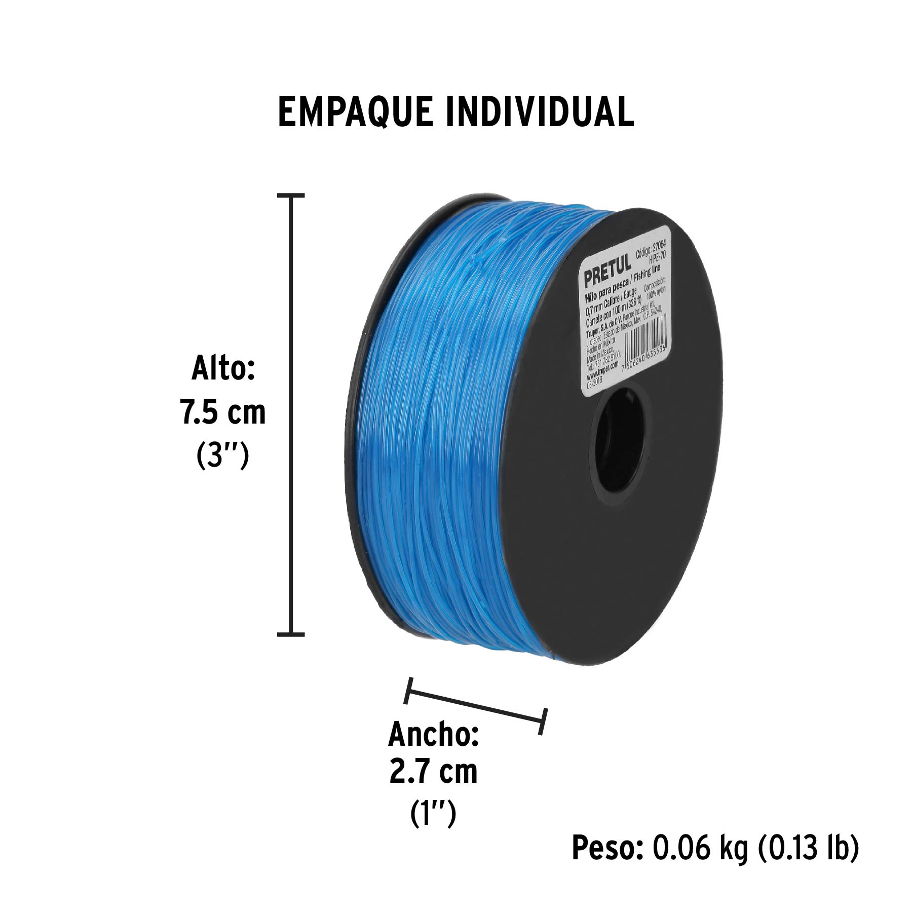 Carrete con 100 m de hilo para pesca azul calibre 0.70 mm | HIPE-70 | 27064