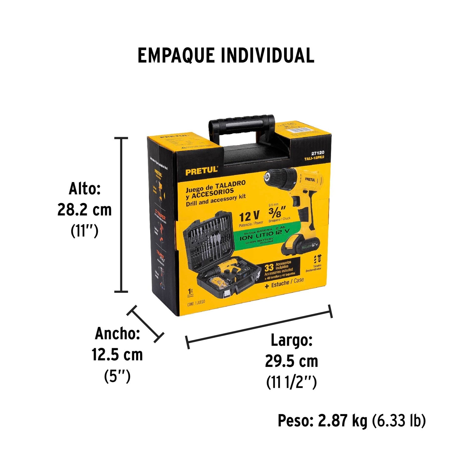 Kit taladro 3/8', 12V, 33 accesorios, en estuche, PRETUL | TALI-12PK2 | 27120