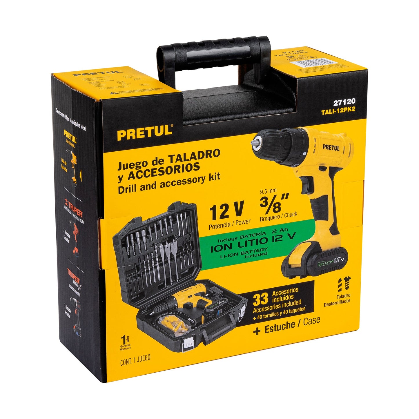 Kit taladro 3/8', 12V, 33 accesorios, en estuche, PRETUL | TALI-12PK2 | 27120
