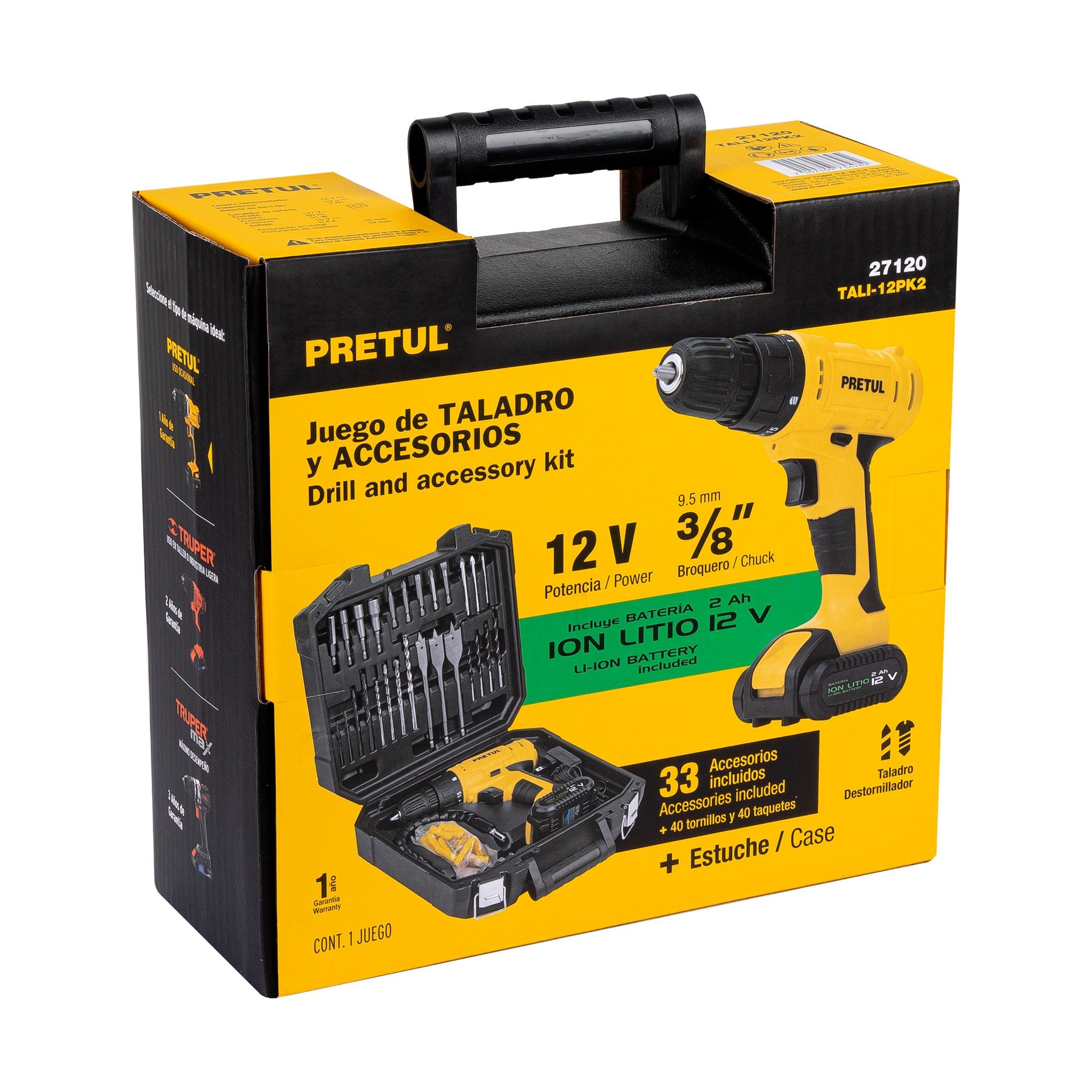Kit taladro 3/8', 12V, 33 accesorios, en estuche, PRETUL | TALI-12PK2 | 27120