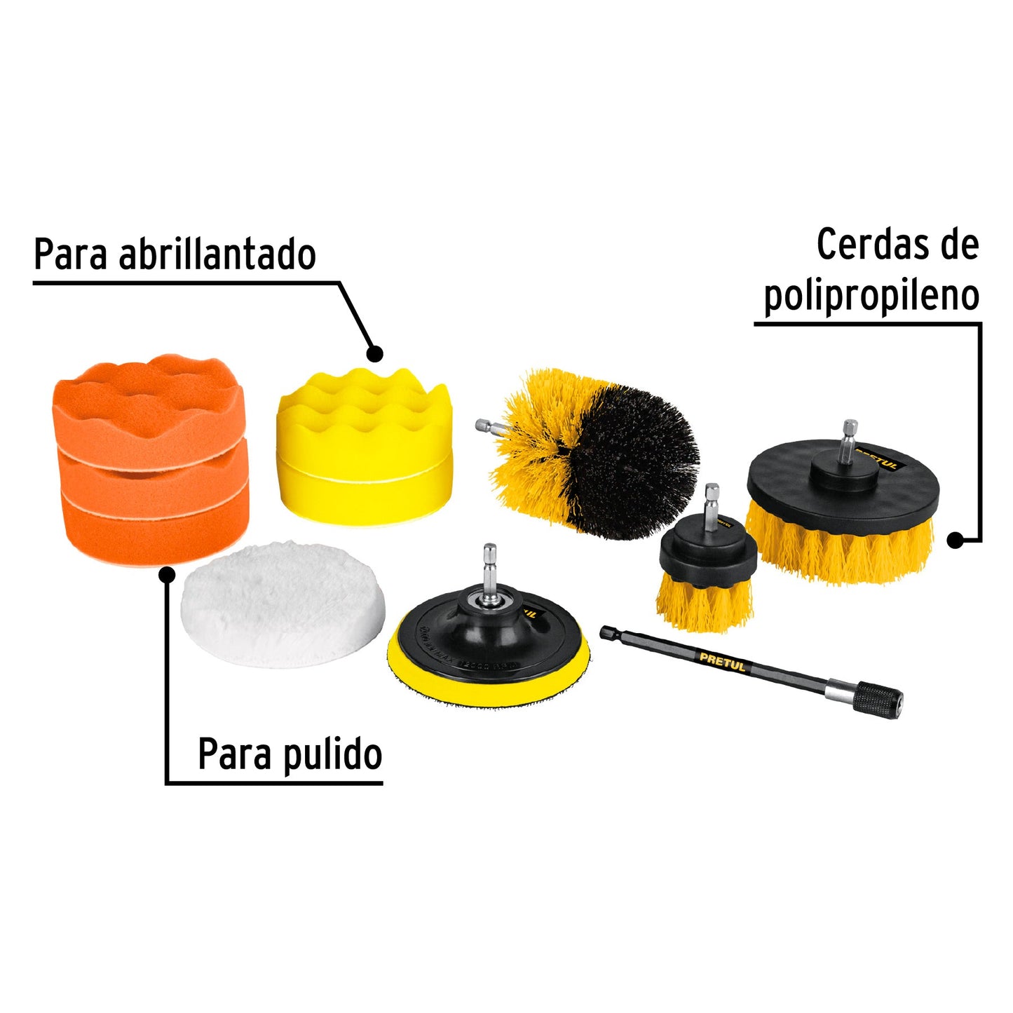 Juego 11 accesorios de limpieza y pulido p/taladro, Pretul | JCE-11P | 27190