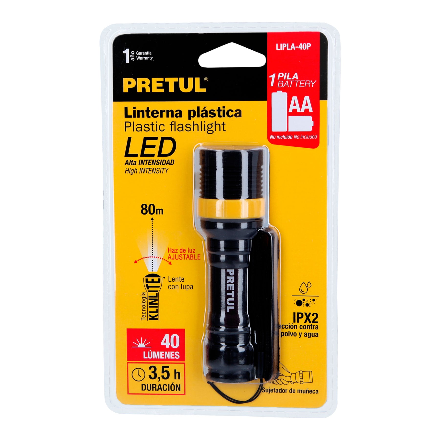Linterna plástica 1 LED 40 lm de 1 pila AA, Pretul | LIPLA-40P | 28019