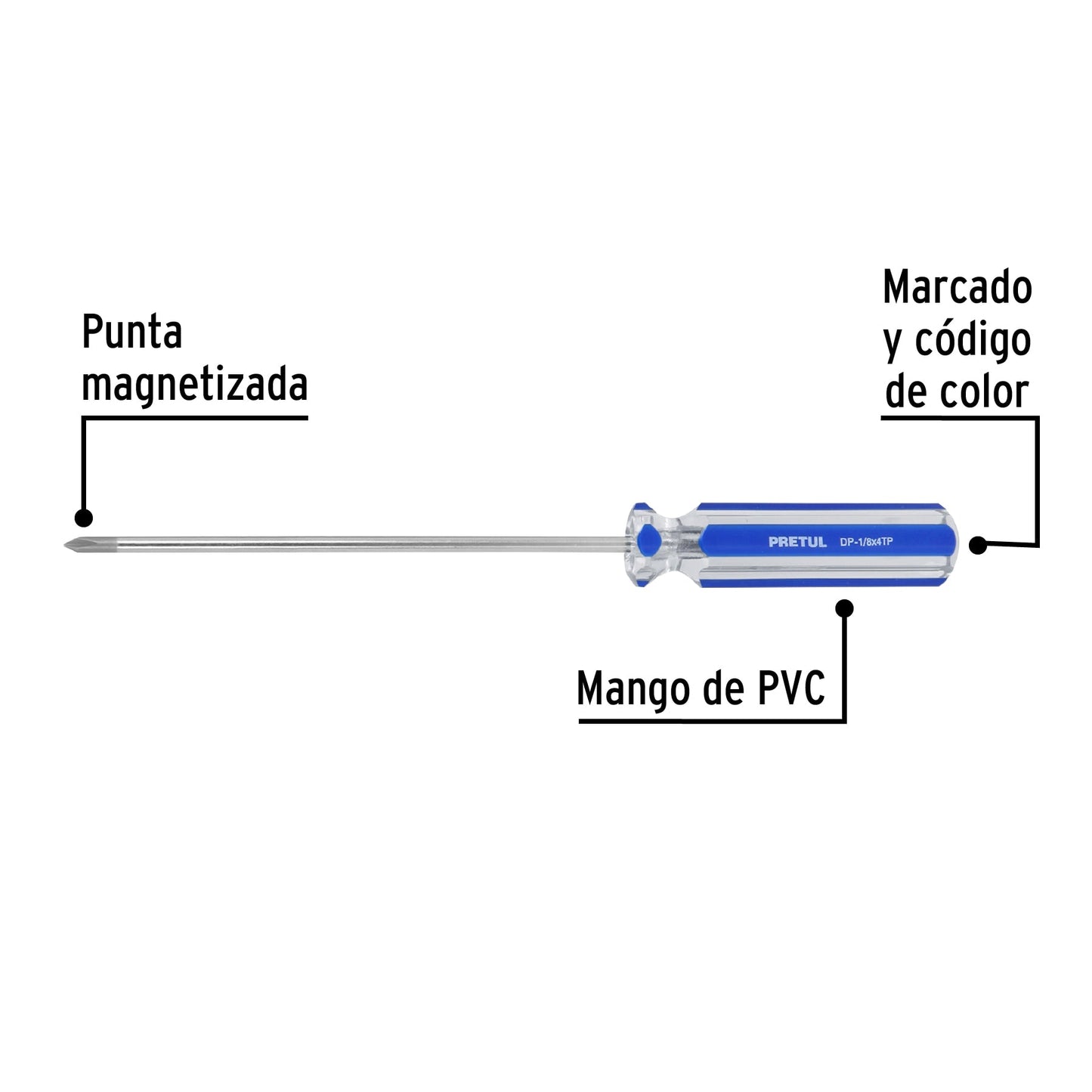 Desarmador de cruz 1/8' x 4' mango de PVC, Pretul | DP-1/8X4TP | 28076