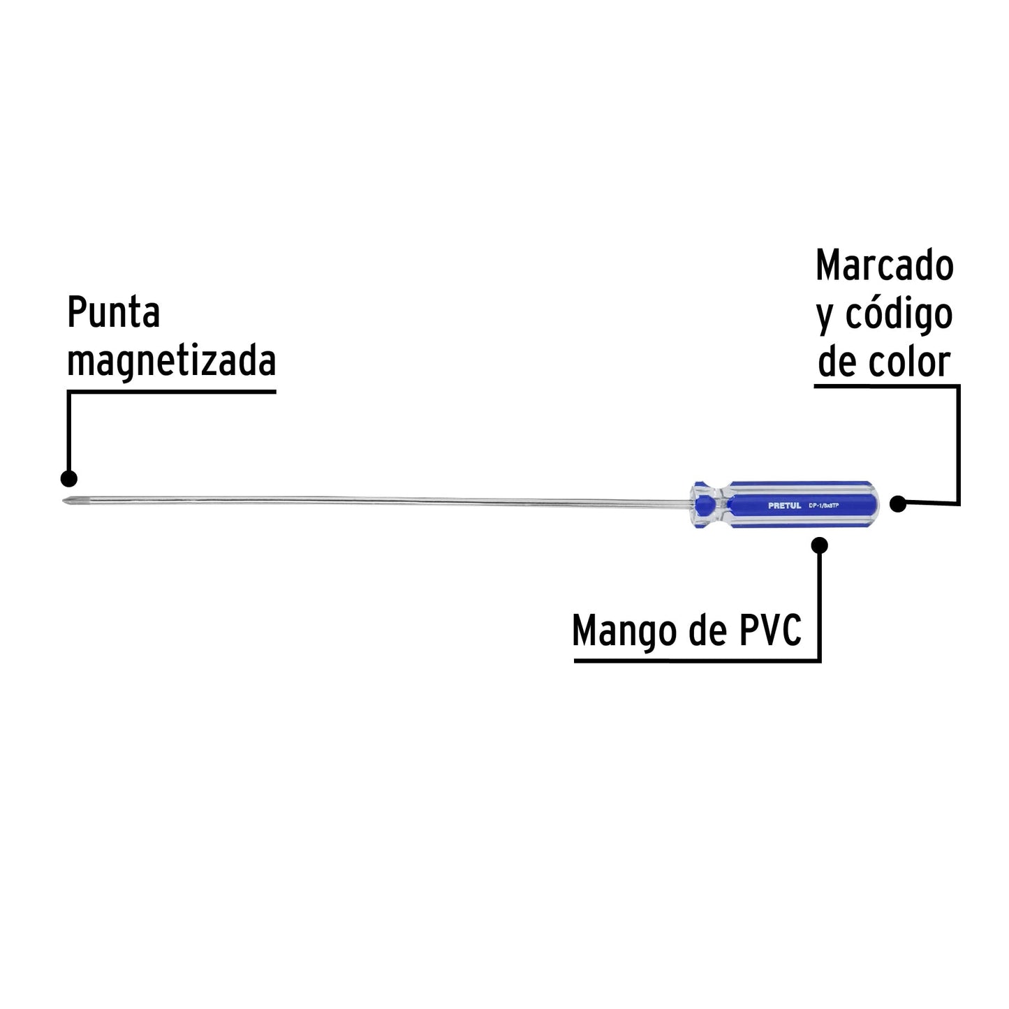 Desarmador de cruz 1/8' x 8' mango de PVC, Pretul | DP-1/8X8TP | 28078