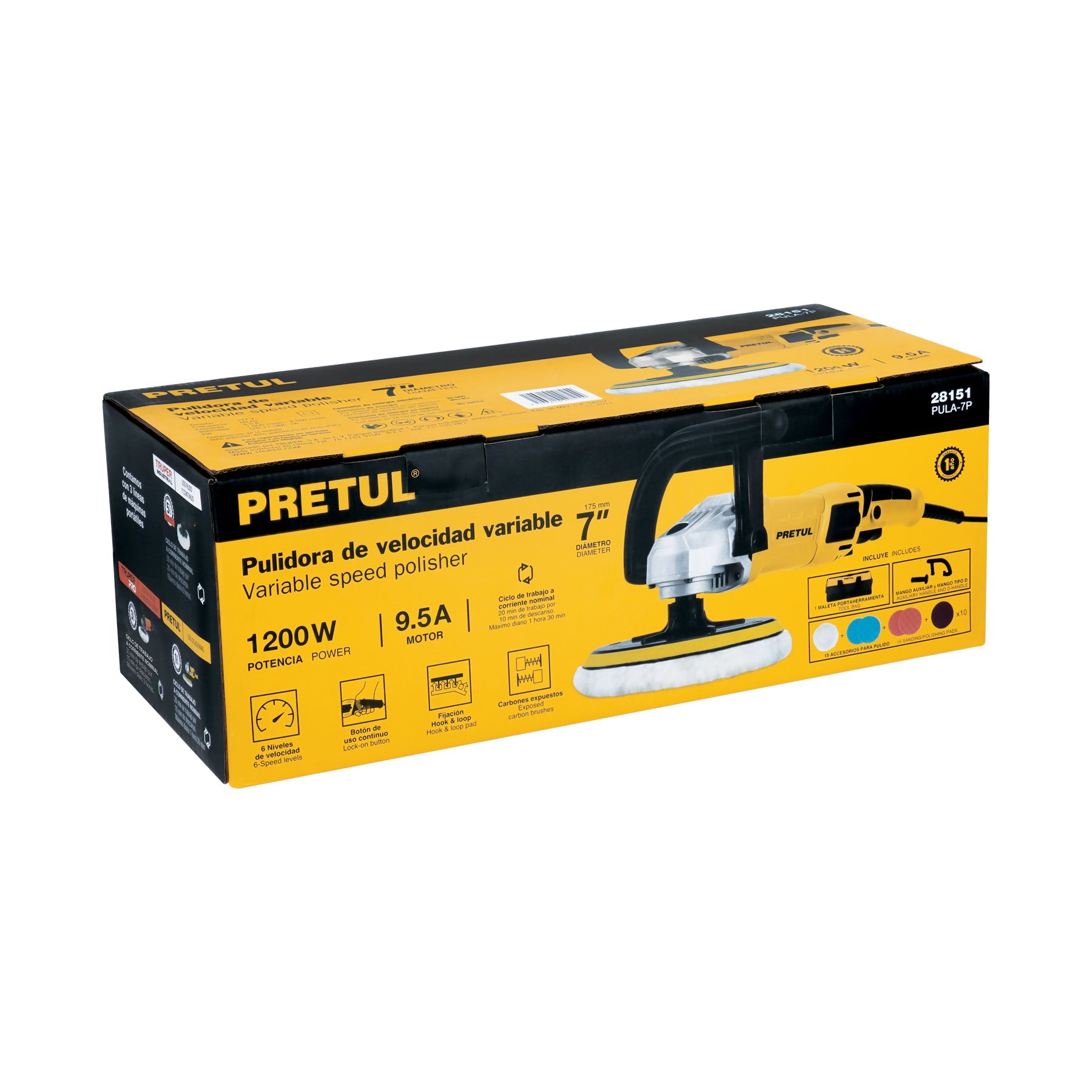 Pulidora velocidad variable 7' 1200W, c/accesorios, PRETUL | PULA-7P | 28151