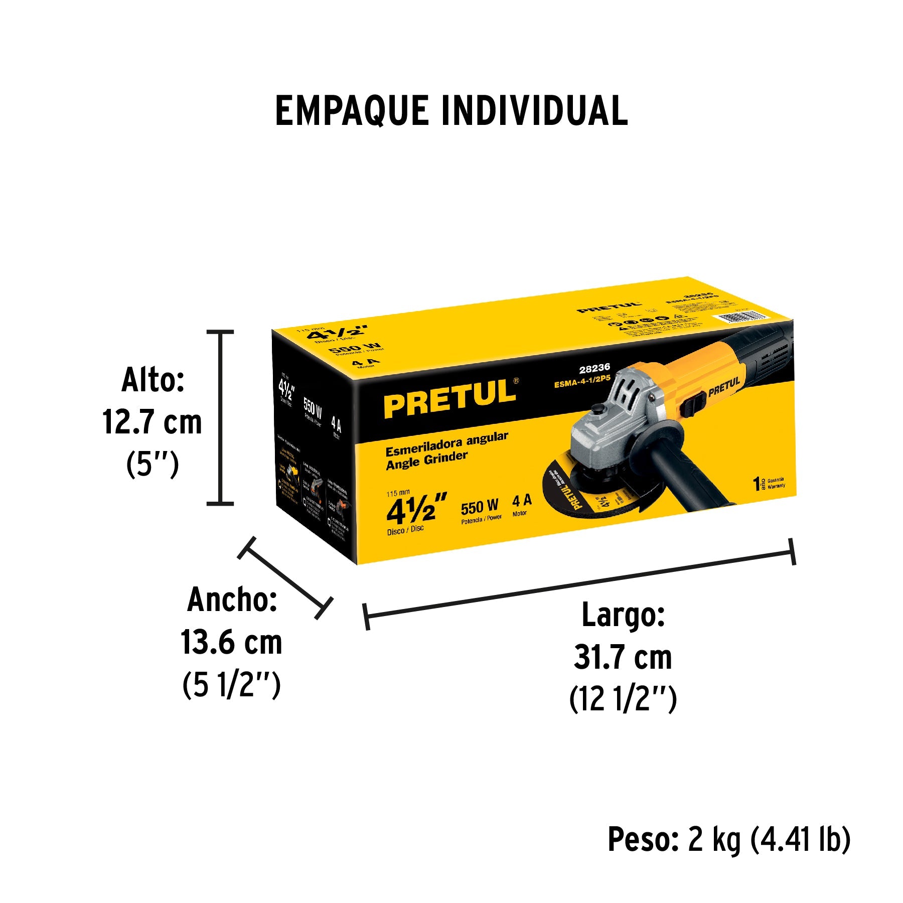 Esmeriladora angular 4-1/2', 550W, PRETUL | ESMA-4-1/2P5 | 28236