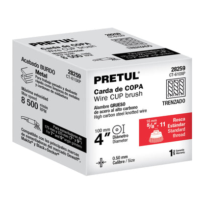 Carda copa 4' alambre trenzado grueso, eje 5/8'-11, Pretul | CT-610XP | 28259