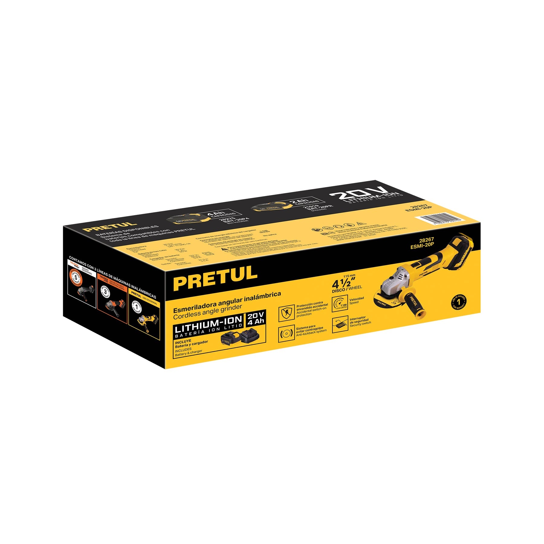 Esmeriladora 4-1/2', 20V, 1 batería 4Ah, PRETUL | ESMI-20P | 28267