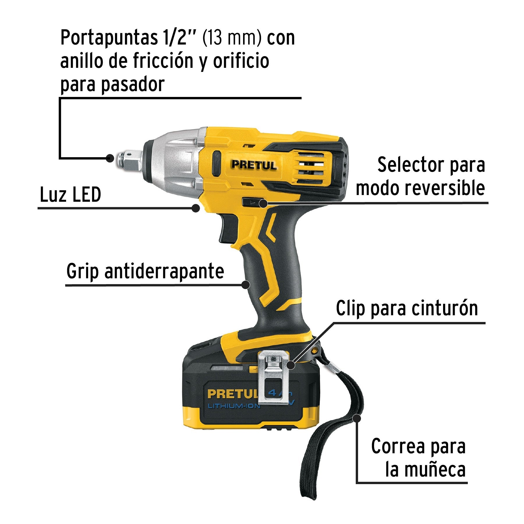 Llave de impacto 1/2', 20V, 155 lb/ft, 1 batería 4Ah, PRETUL | LIMI-20P | 28268