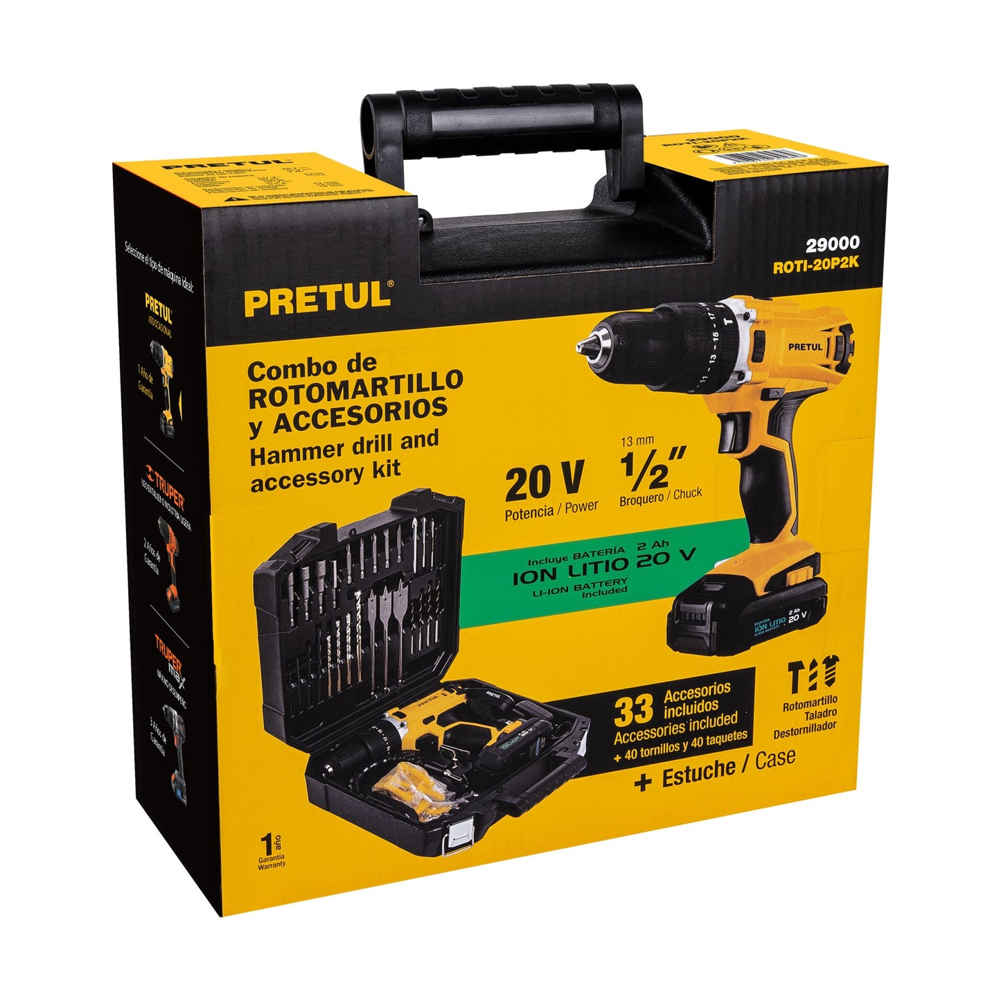 Kit rotomartillo 1/2', 20V, 32 accesorios, PRETUL | ROTI-20P2K | 29000