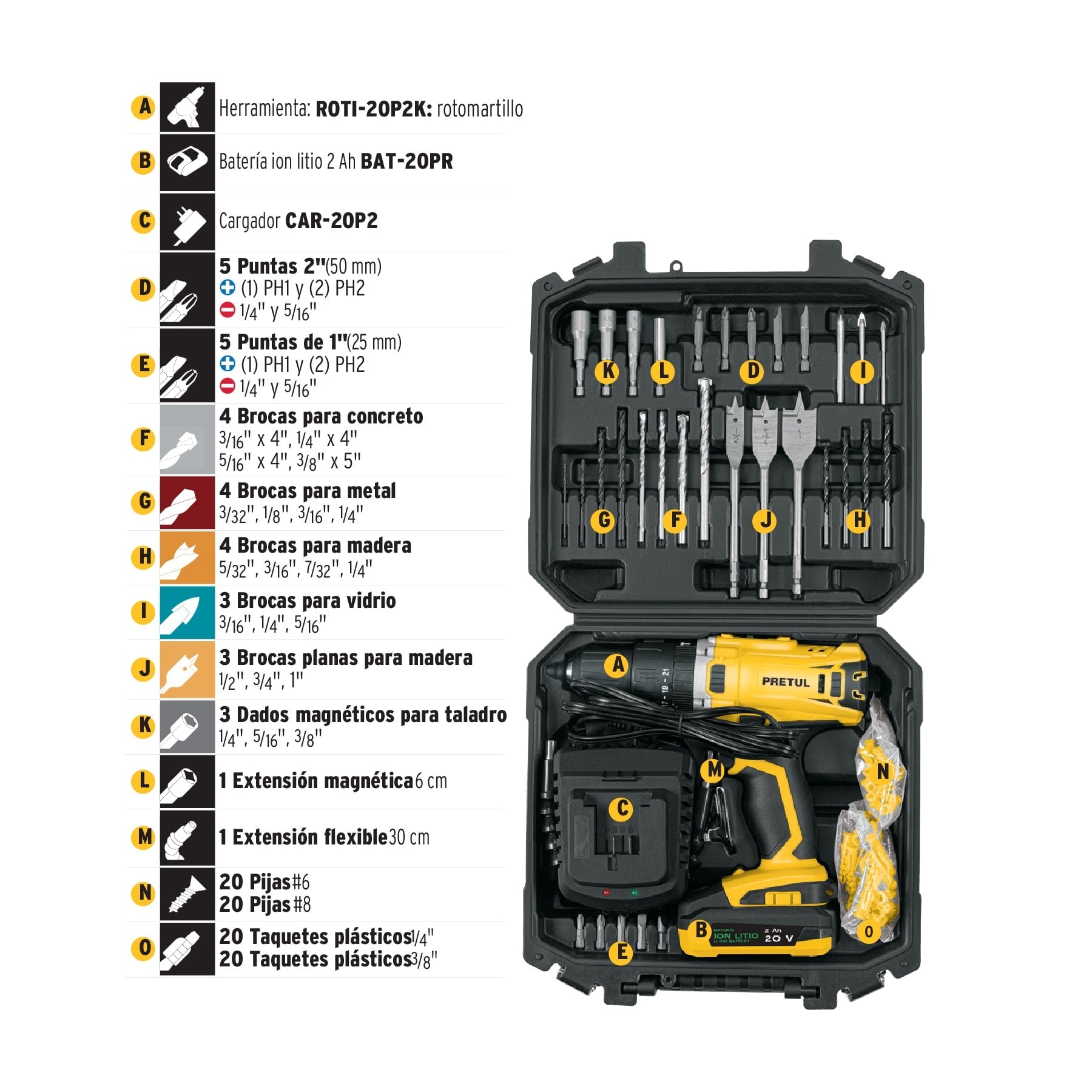 Kit rotomartillo 1/2', 20V, 32 accesorios, PRETUL | ROTI-20P2K | 29000