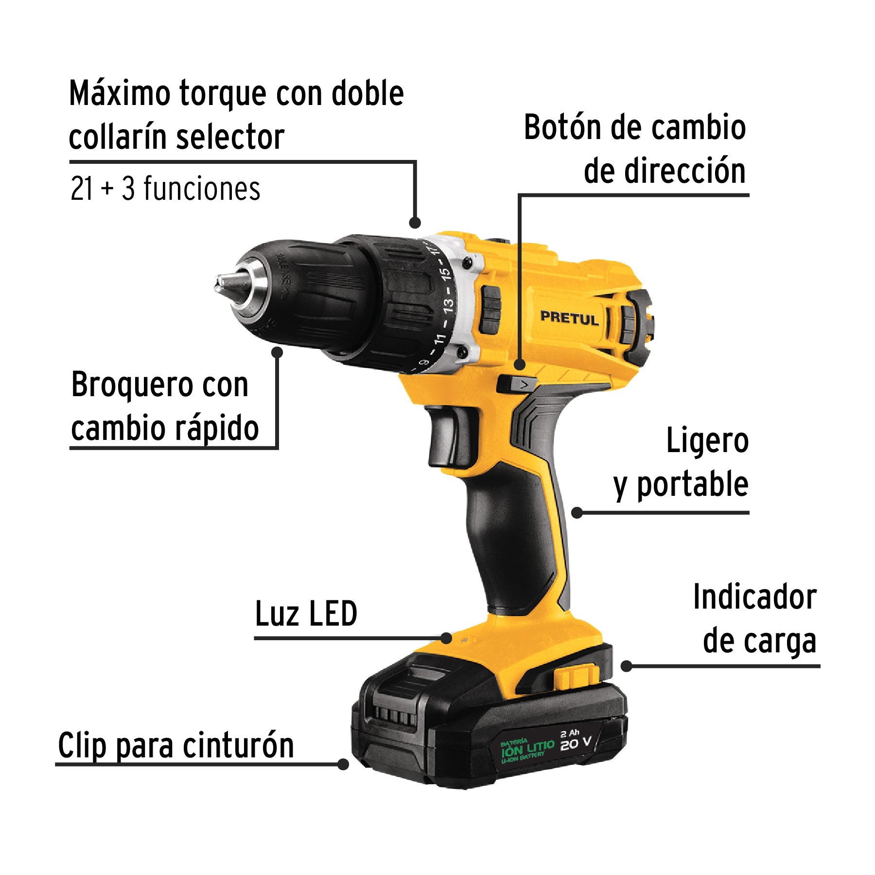 Kit taladro 1/2', 20V, 1 batería 2Ah, 32 accesorios, PRETUL | TALI-20P2K | 29001